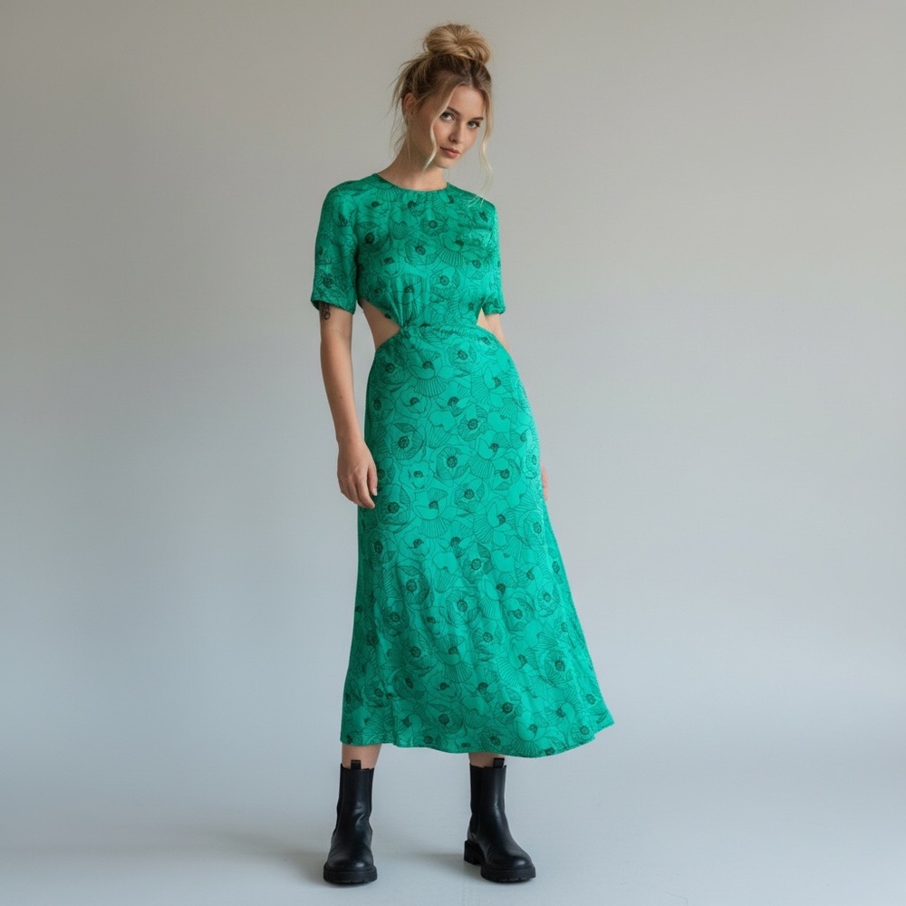 NWT The Kooples Graphic Poppies Cutout Midi Dress